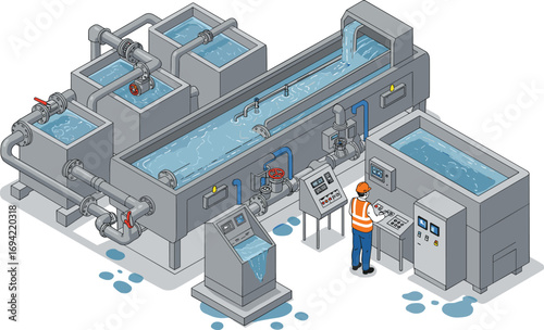 Isometric industrial water filtration system vector, clean water process, wastewater treatment, operator monitoring, 3D engineering illustration