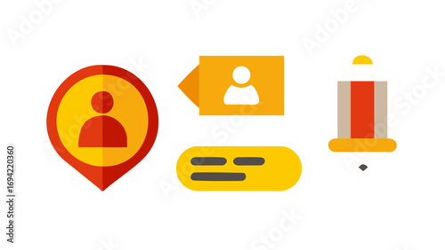 Abstract flat design icons representing user profile location message bubble and a pencil for communication and content creation concepts