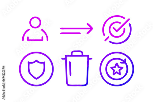 Abstract concept of user transformation with security deletion and achievement icons in a neon gradient style on a black background