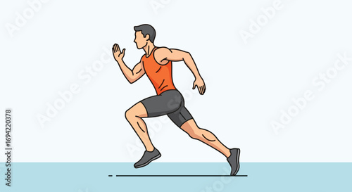 Dynamic illustration of a male runner sprinting powerfully across a simple blue track, embodying speed and athletic movement showcasing an active