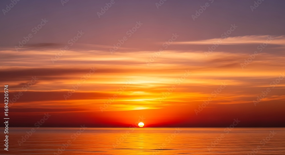 Fototapeta premium Vibrant hues of the setting sun reflected on the tranquil ocean surface creating a serene and beautiful landscape