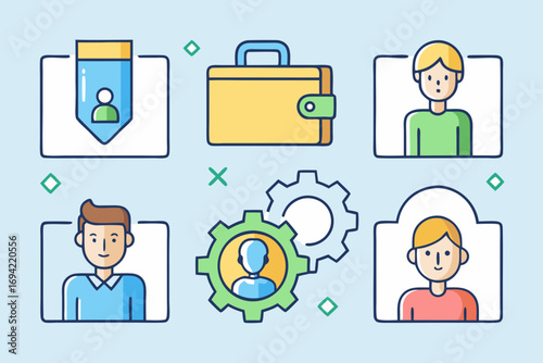 Collection of flat design icons representing people a wallet and gears symbolizing teamwork and business operations
