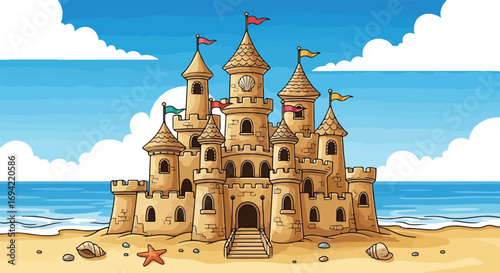 Illustrative summer seaside scene featuring a magnificent sandcastle against a picturesque coastal backdrop with a clear blue sky and ocean waves