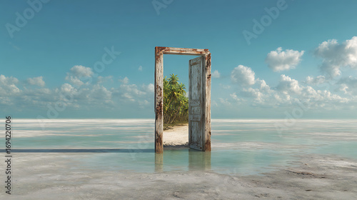 A surreal, dreamlike scene of an open door standing alone in a tranquil sea, revealing a hidden, green oasis. This fantasy concept represents opportunity and new beginnings.
