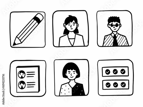 Collection of hand drawn doodle icons representing people a pencil a resume and a checklist for business and creative projects