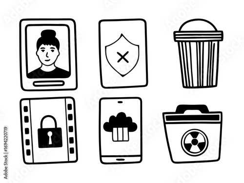 Collection of hand drawn doodle icons representing personal profile security data protection waste disposal digital media cloud storage and hazardous materials