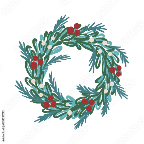 Christmas wreath made of fir branches and leaves decorated with red and white berries. Hand drawn vector illustration isolated on white. Winter holiday decoration. Design for greeting card, invitation