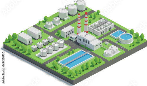 Isometric water treatment plant vector, clean water facility, filtration system, wastewater recycling, eco-friendly infrastructure, 3D illustration