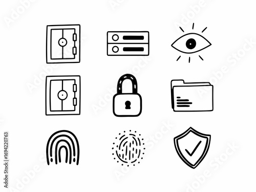 Collection of hand drawn doodle icons representing security concepts like safes servers eyes locks folders fingerprints and shields with checkmarks