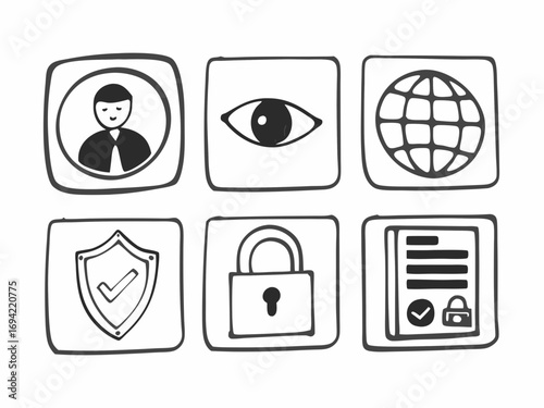 Collection of hand drawn doodle icons representing user profile eye for surveillance globe for internet shield for security padlock for privacy and document with lock