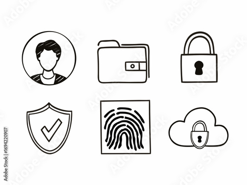 Collection of hand drawn icons representing personal identity security financial protection digital safety and cloud storage protection