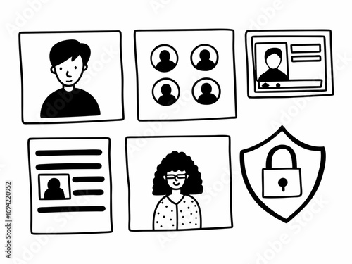 Collection of hand drawn icons representing user profiles team members identification cards and data security with a padlock on a shield