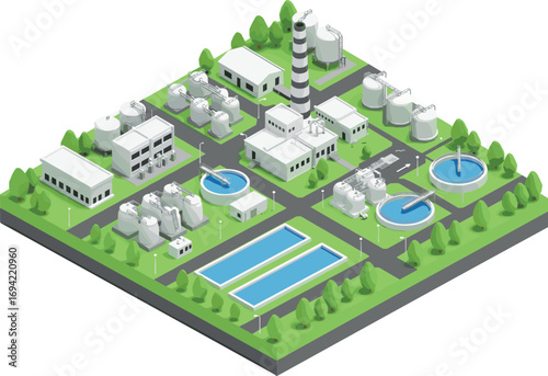 Isometric water treatment plant vector, clean water facility, filtration system, wastewater recycling, eco-friendly infrastructure, 3D illustration