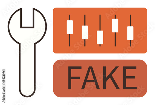 Wrench alongside adjustment bar chart and fake label highlights repair, control, and deception. Ideal for fraud, manipulation, analysis, engineering, tools, technology simple flat metaphor