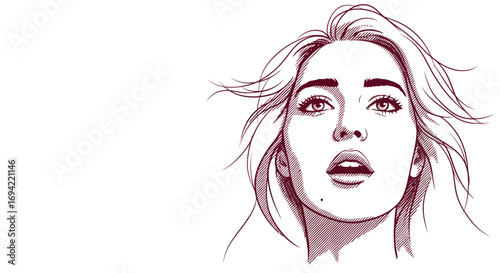 Charming woman portrait isolated on white background, looking up with a thoughtful expression, highlighting her flowing hair and refined features in a simple design