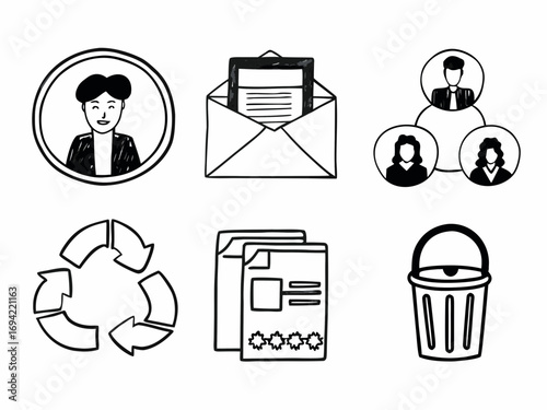 Collection of simple hand drawn icons representing business communication teamwork recycling documents and waste disposal