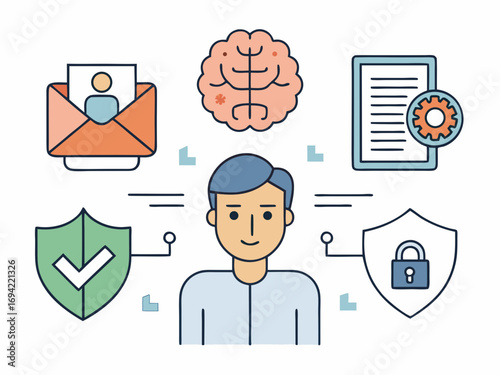 Conceptual illustration of a person surrounded by icons representing personal data security privacy and information management systems
