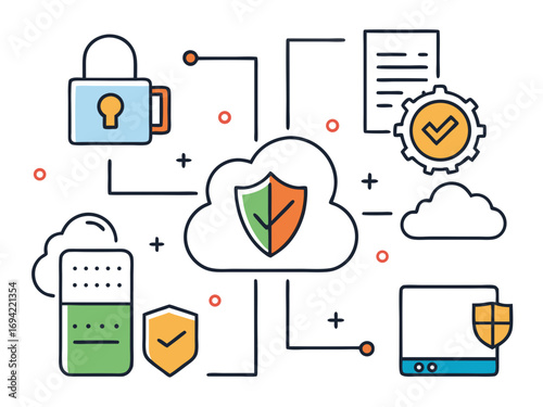 Conceptual illustration of cloud computing security with interconnected digital elements like locks servers and data protection symbols