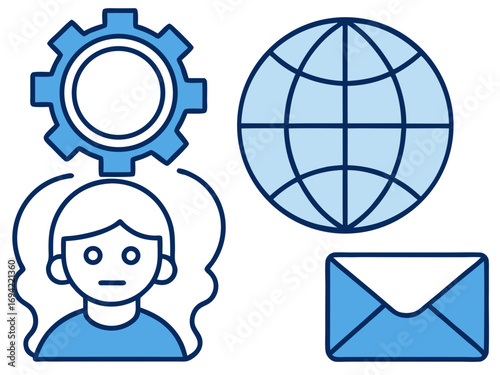 Conceptual illustration of a person with a gear above their head representing ideas alongside a globe and an envelope symbolizing communication and global reach