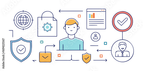 Conceptual illustration of a secure digital workflow with user verification data analysis and protection elements