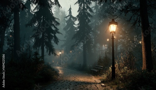 Fototapeta Naklejka Na Ścianę i Meble -  Foggy, illuminated path through a dark forest