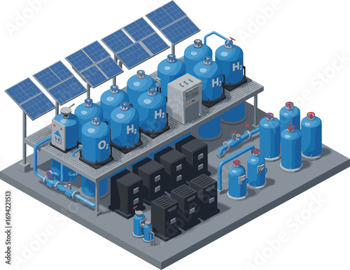 Solar-powered hydrogen production plant with oxygen tanks, electrolysis system, control units, and storage vessels in isometric vector design