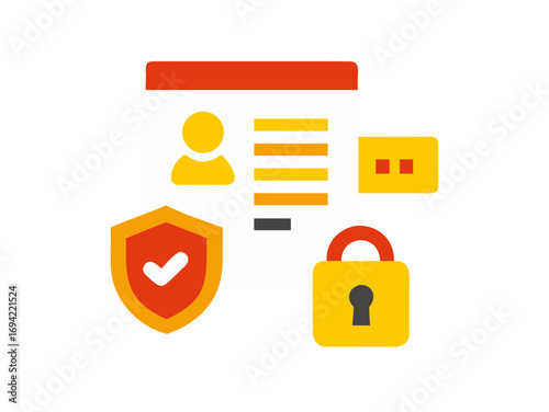 Digital identity protection and secure data management with a shield padlock and user profile icons