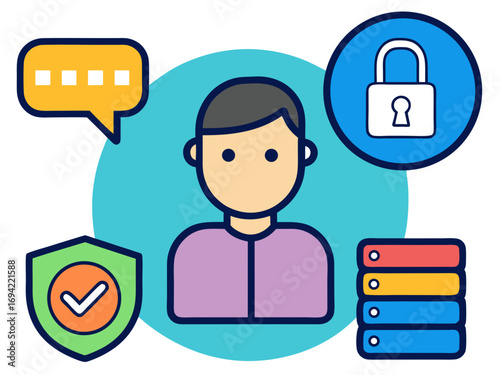 Digital identity security and privacy concepts represented by icons including a person lock shield chat bubble and data servers