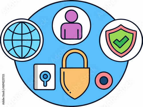Digital security and privacy concept with icons of a globe user profile shield lock and keyhole representing online safety and protection