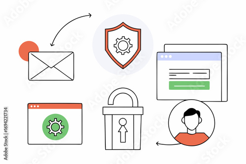 Digital security and privacy concept with icons representing email user login data protection and secure access