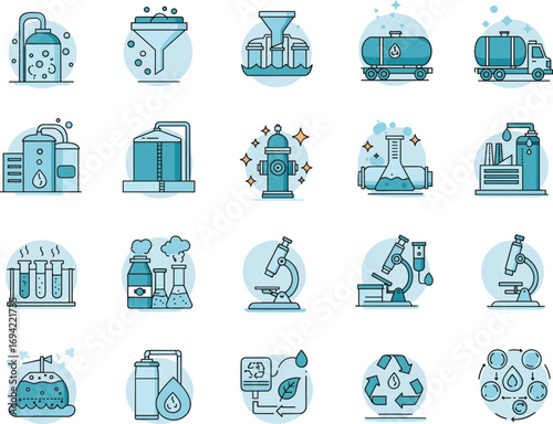 Water treatment icons, laboratory equipment, recycling, clean water, filtration process, test tubes, hydrant, microscope