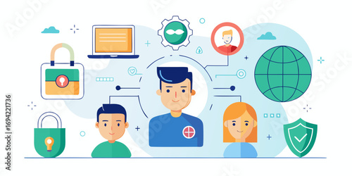 Digital security and privacy concept with interconnected people laptop globe locks and shield icons