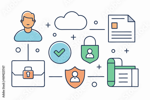 Digital security and privacy concept with user icons cloud documents locks and checkmarks illustrating data protection and access control