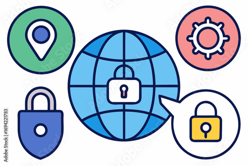Digital security and privacy concepts illustrated with icons of a locked globe location pin and gear settings