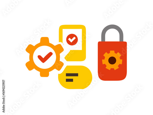Digital security and process management with gear icons and a lock symbolizing protection and efficiency