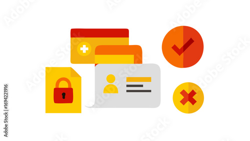 Digital security and verification icons representing data protection privacy identity confirmation and approval or rejection status