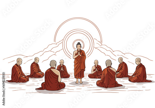 Buddhist monks listen intently to a teacher, bathed in a radiant light. A serene scene of reverence and learning, perfect for spiritual or educational themes.