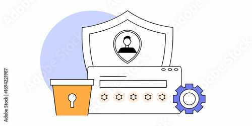 Digital security concept with a shield protecting user profile icon above a login form and a lock icon