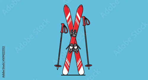 Stylized illustration of red skis and poles against a light blue backdrop symbolizing winter sport and recreation readiness
