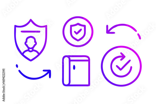 Digital security icons with gradient purple and blue neon lines on a black background representing user protection verification and data refresh