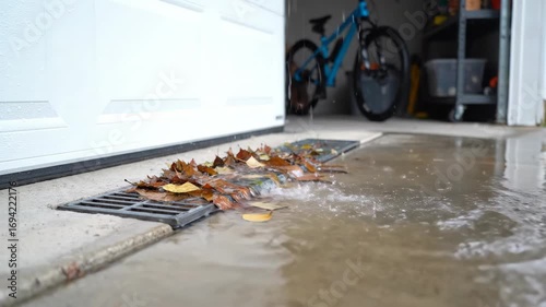 Clogged Drain Causing Flooding Near Garage Door, Stormwater Drainage Problems with Autumn Leaves, A Wet Garage Entrance