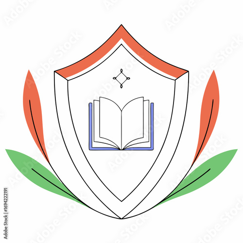 Elegant shield emblem featuring an open book and decorative leaves symbolizing knowledge wisdom and growth