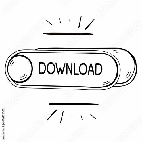 Hand drawn doodle style download button with text and radiating lines indicating action or activation on a white background
