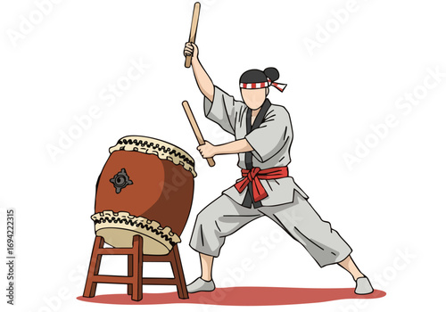 dynamic illustration depicts a Taiko festival drummer in traditional attire powerfully striking a large drum Vibrant colors and bold lines