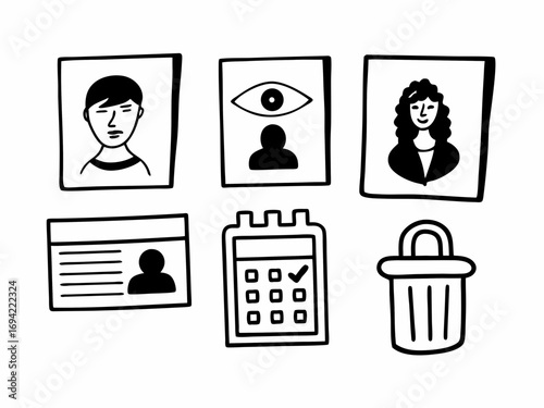 Hand drawn icons representing user profiles identification calendar surveillance and a trash can for digital interface design