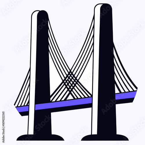 Modern cable stayed bridge structure with bold geometric design and striking blue accent line symbolizing connection and infrastructure
