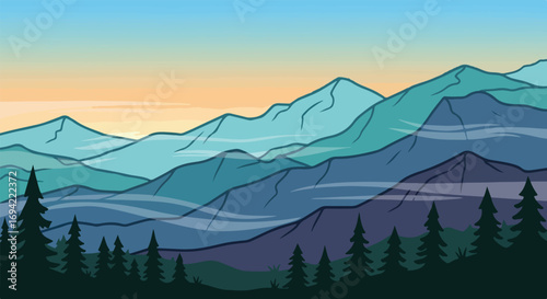 Stylized mountain landscape with layered ridges, pine trees, and a soft gradient sky evoking serene wilderness, perfect for backgrounds