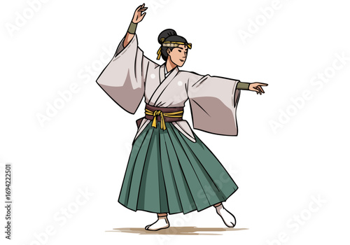 graceful Japanese dancer in traditional attire performs a rice dance gesturing with elegant movements The illustration showcases cultural heritage and artistic expression