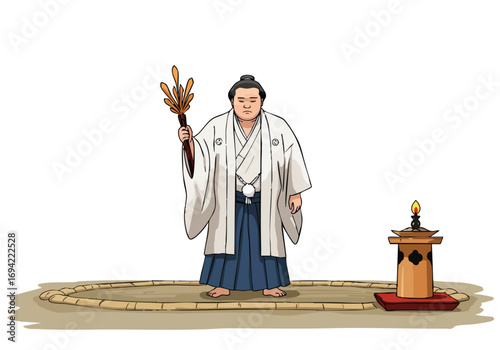Japanese priest performs a ritual holding a sacred fan before a shrine The image showcases traditional Japanese culture and serene grace Suitable for spiritual cultural and travel themes