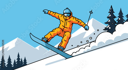 Vibrant cartoon illustration of a snowboarder executing a jump in a snowy mountain landscape showcasing winter recreation and adventure sports